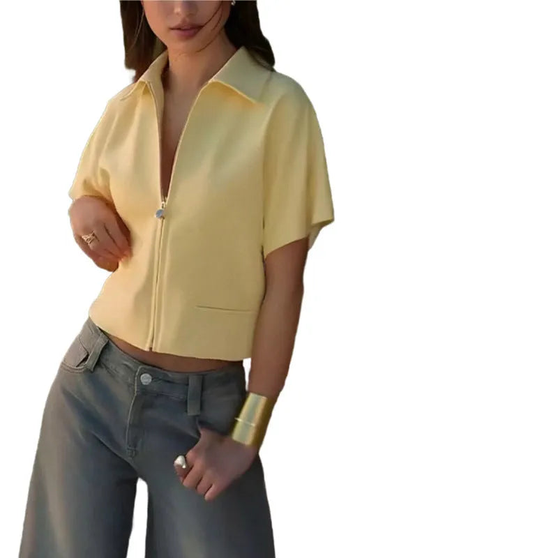 Loose fit casual short sleeve top in polyester fabric showing black, white and yellow colour options