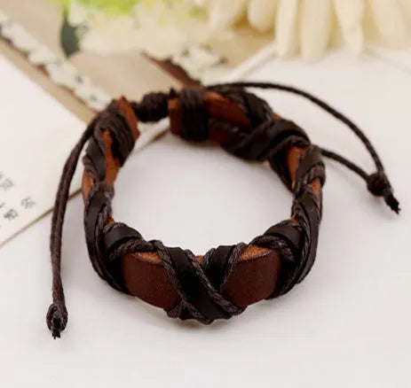 Asgard crafted leather Nordic arm bracelet in brown cowhide with black hemp rope adjustable fit