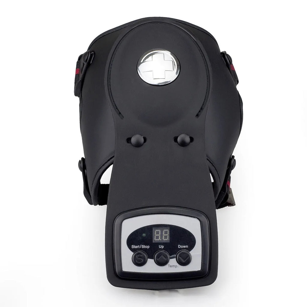 Knee massager unit with infrared heat function, adjustable controls, and included knee and shoulder pads.