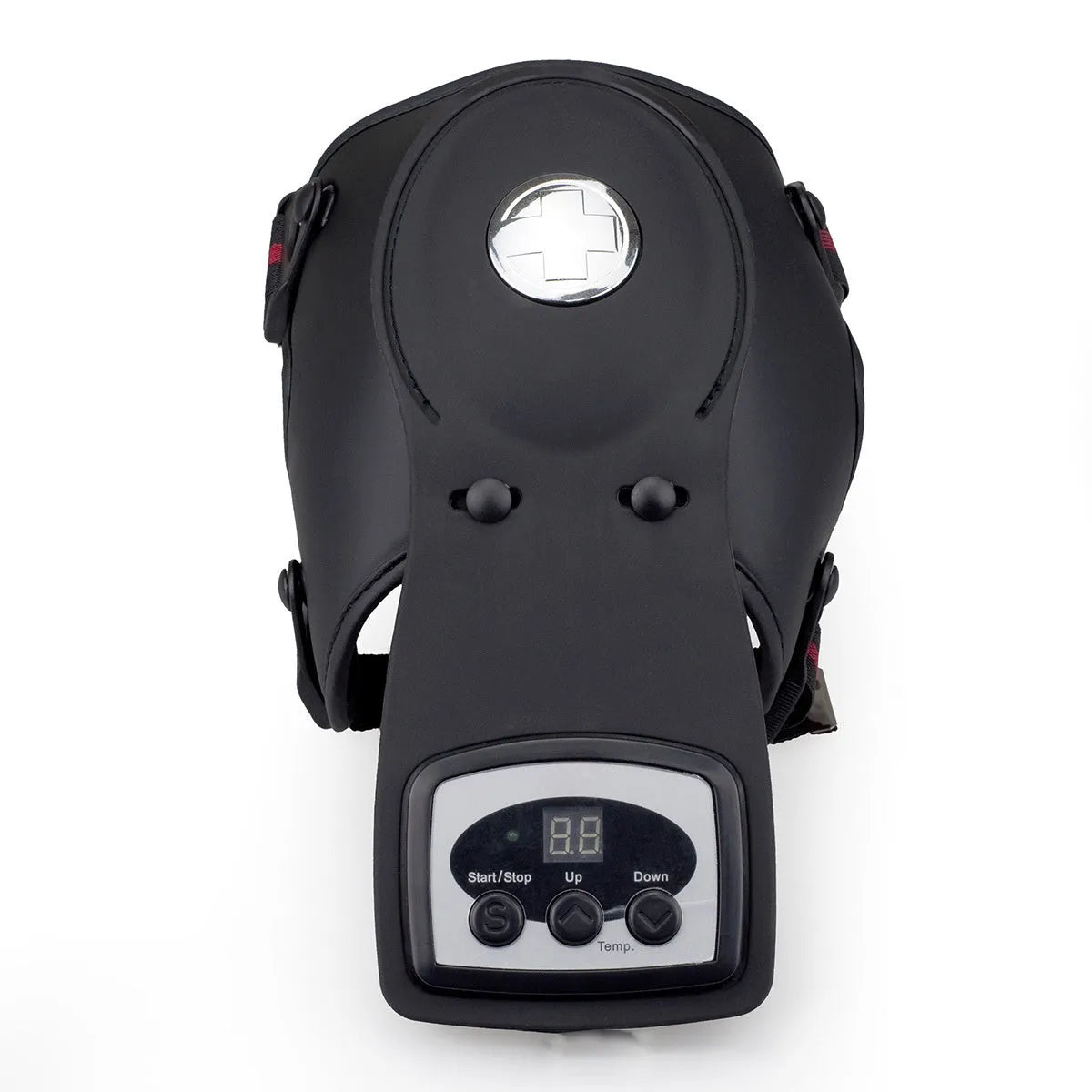 Knee massager unit with infrared heat function, adjustable controls, and included knee and shoulder pads.