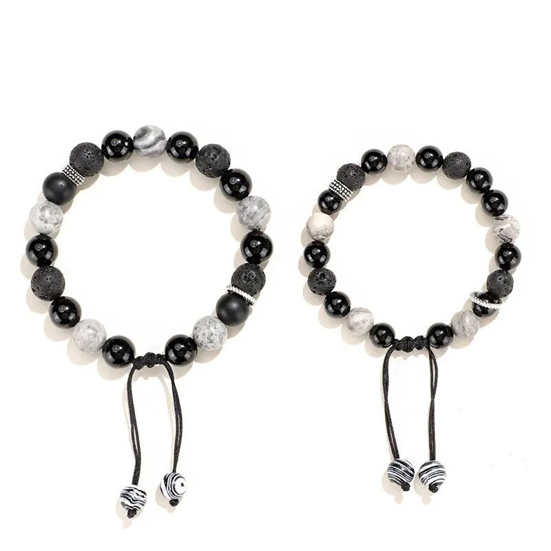 Black agate map stone and volcanic rock bracelet with diamond-shaped beads in new Chinese style