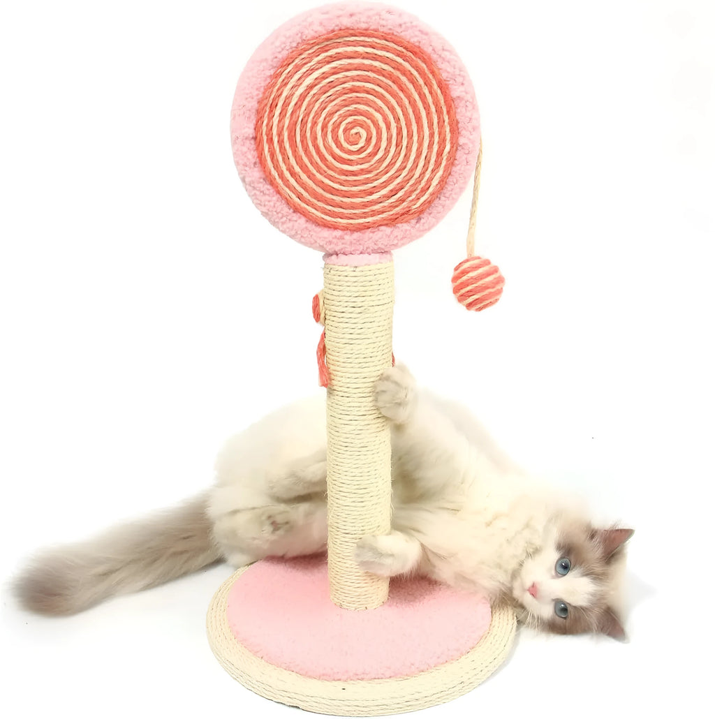 Blue cat scratching post with natural sisal rope and a hanging yellow ball toy on a wooden base.