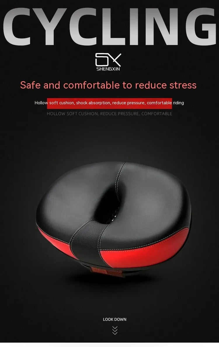 Large thickened bicycle saddle with reflective stitching in red, grey, or light brown colour