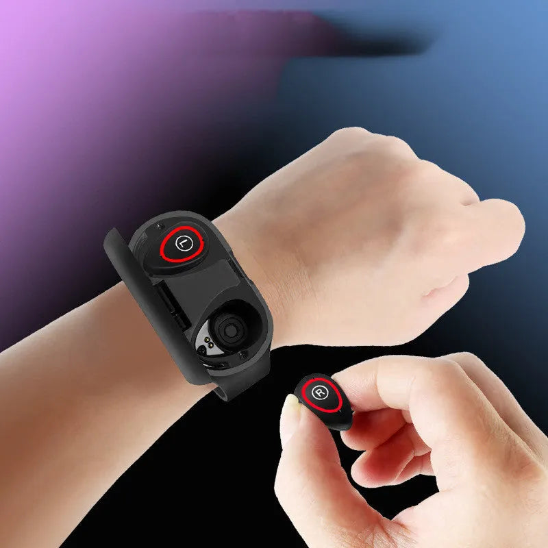 Smart bracelet earphone combo with 1-inch screen in silicone wristband showing activity tracking display