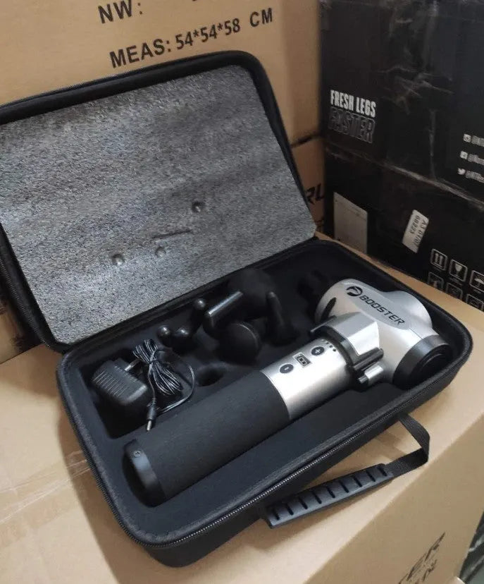 Black and white muscle relaxation massager with adjustable speed settings