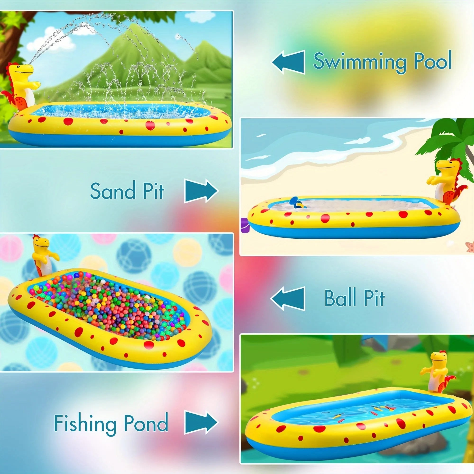 Blue dinosaur shark design inflatable water spray pool measuring 170cm long for children and pets