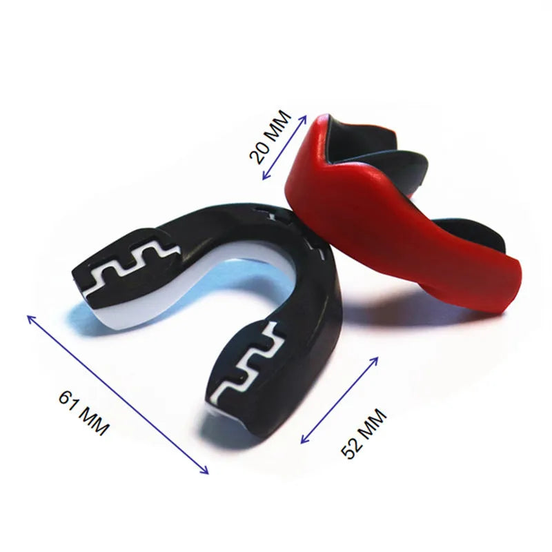 Adult boxing sports mouthguard with tooth socket free design in black and white printed teeth pattern.