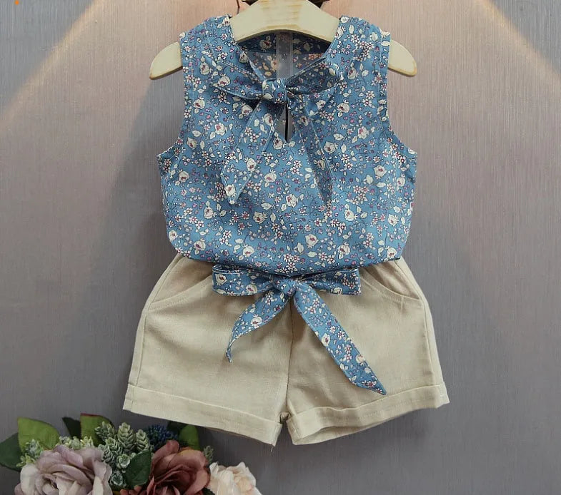 Sleeveless bow vest and shorts set for girls, cotton blend, floral khaki blue