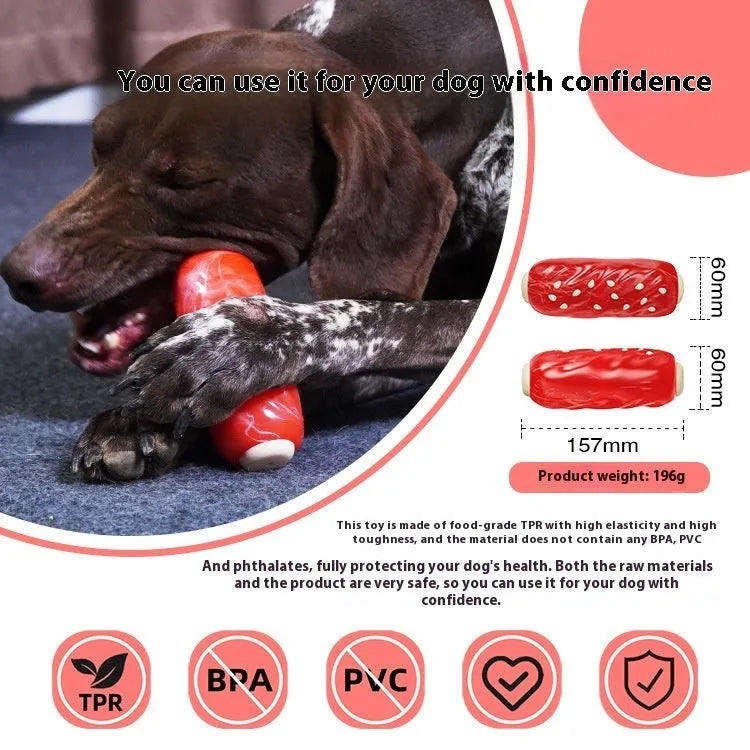 Primary colour plastic molar rod dog chew toy for dental cleaning and teething relief.