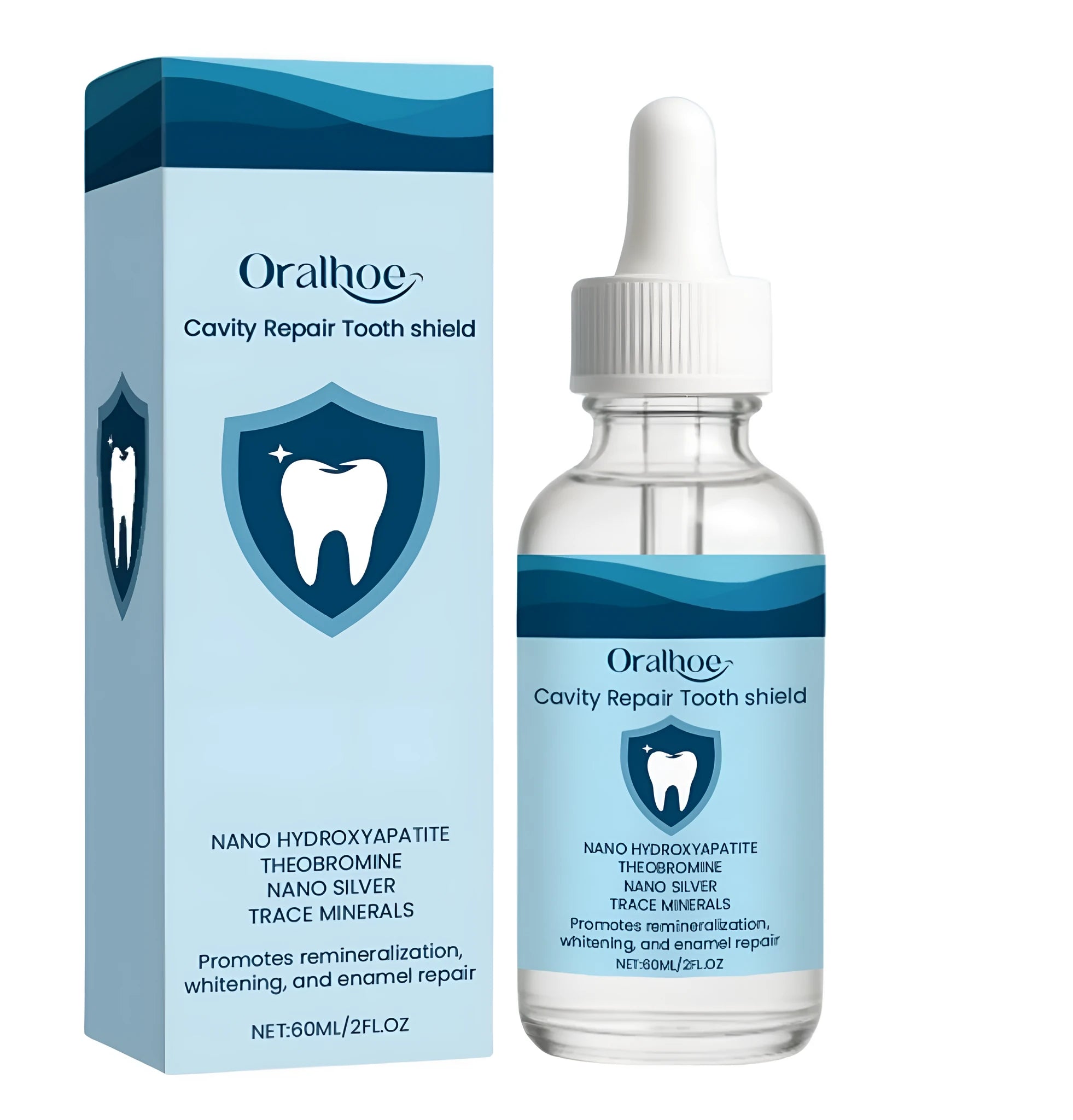 60ml bottle of dental restorative fluid with hydroxyapatite and theobromine for tooth enamel support