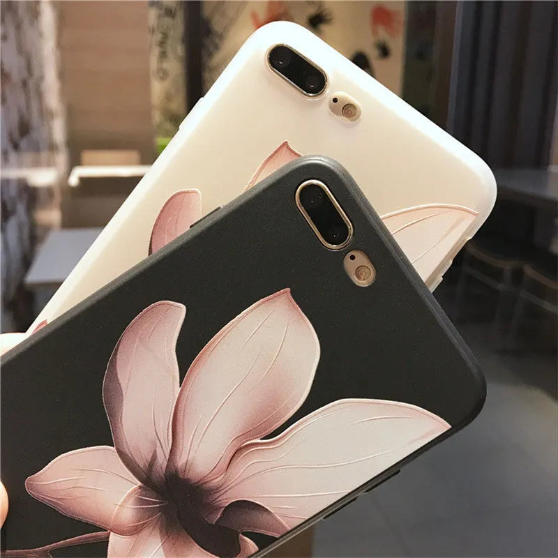 Embossed floral pattern TPU back cover case for iPhone in black and white.