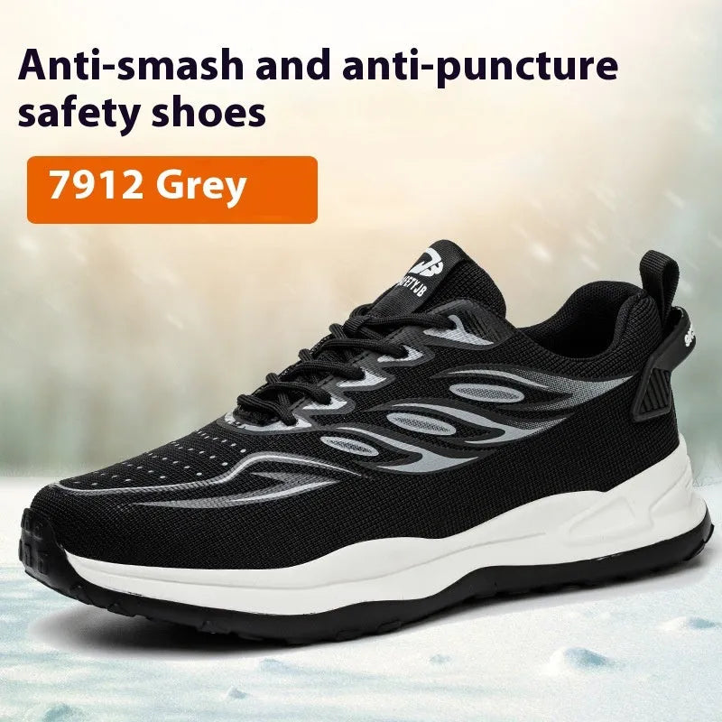 Orange lightweight labour protection safety shoes with leather upper and rubber sole on a worksite background.