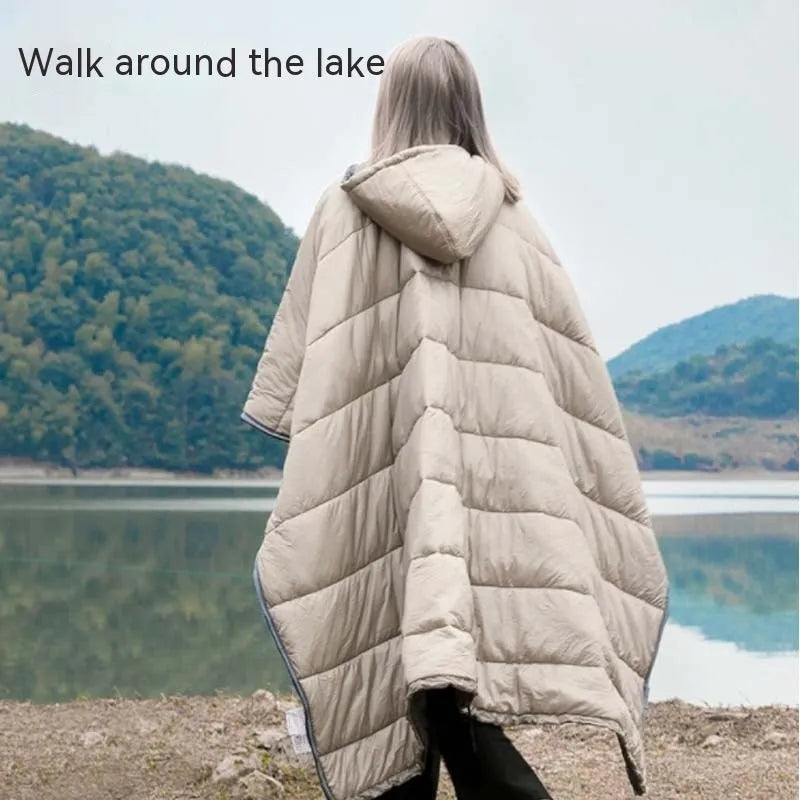Grey outdoor cloak sleeping bag for adults showing wearable design and 200x140cm dimensions