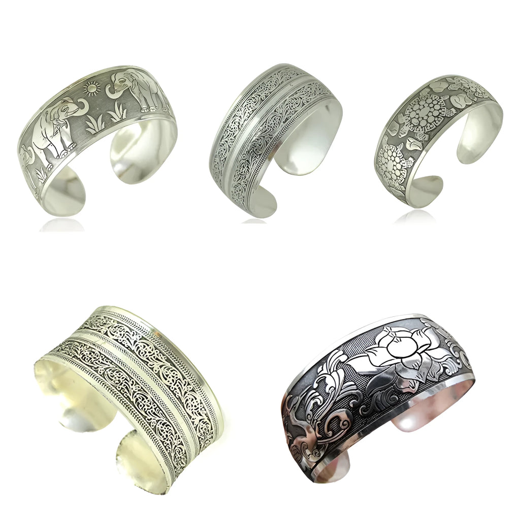 Miao ethnic carved open silver bracelet with Roman shape in turtle or elephant colour options
