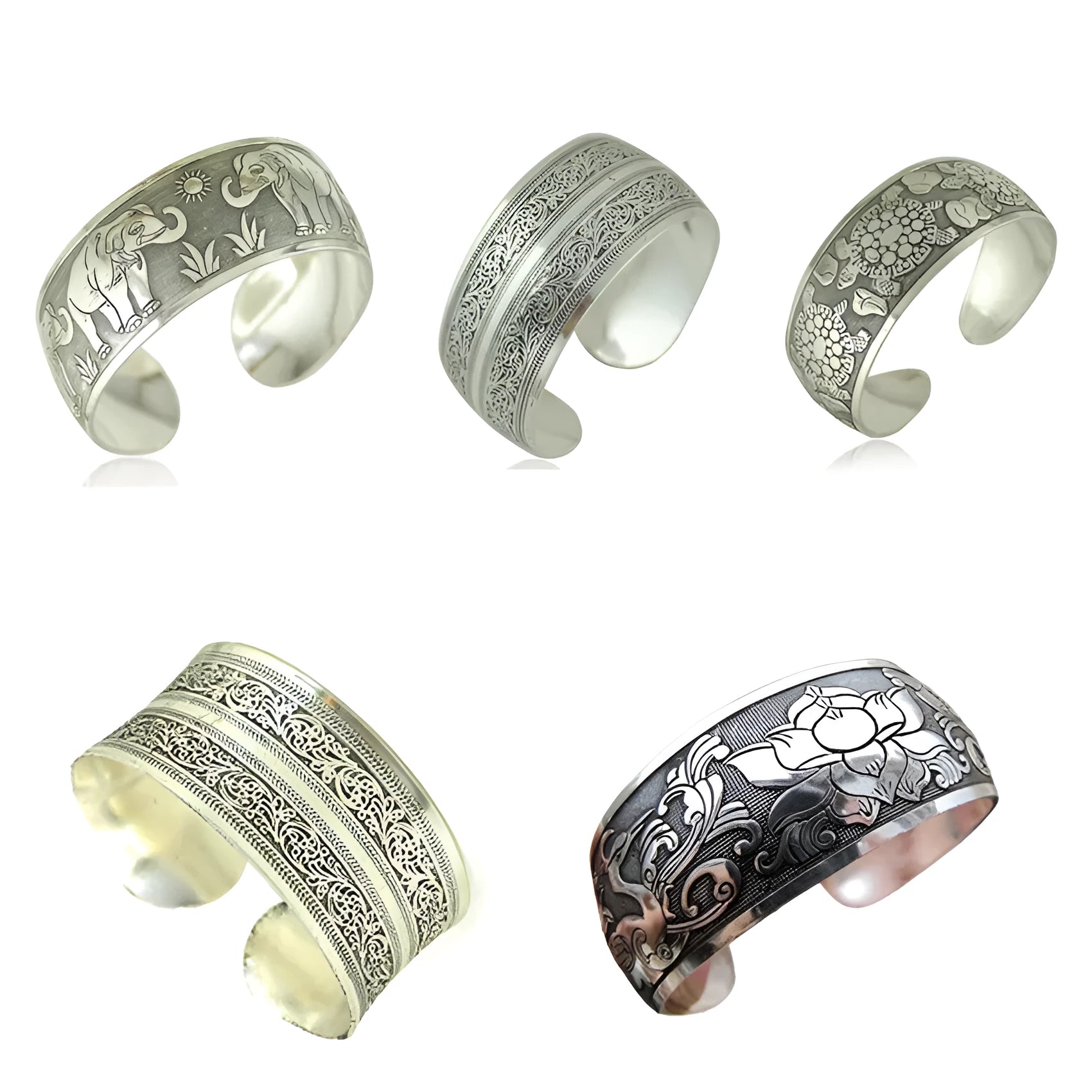 Miao ethnic carved open silver bracelet with Roman shape in turtle or elephant colour options