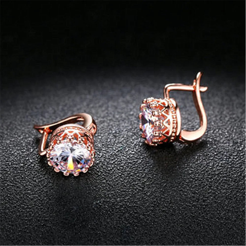 Korean retro crown earrings clip-on in rose gold and white gold colour finishes