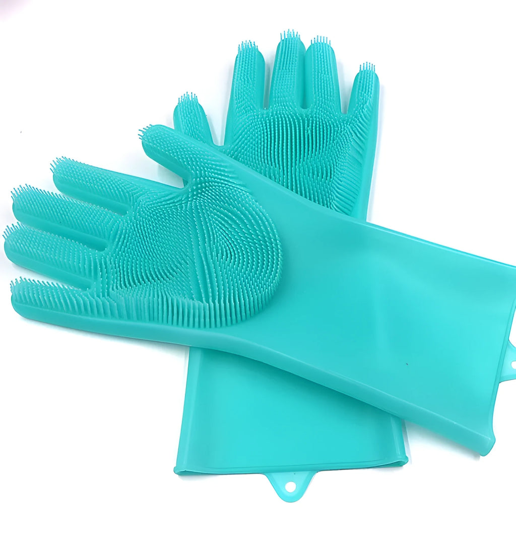 Silicone heat-resistant cleaning gloves with sponge surface in various colour options