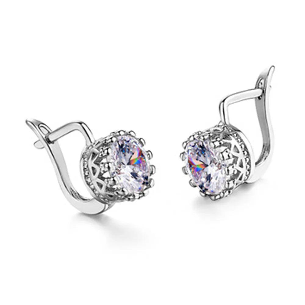 Korean retro crown earrings clip-on in rose gold and white gold colour finishes