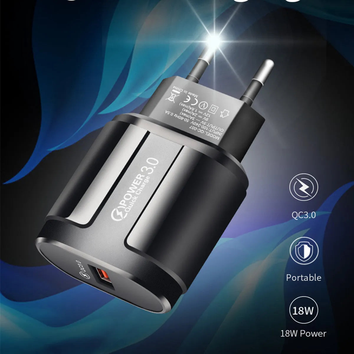 Smart phone charger with interchangeable UK EU US plug adapters in black and white colours