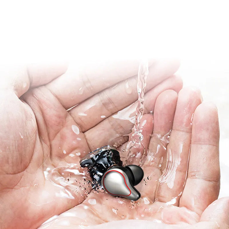 Wireless Bluetooth earbuds with two earplug types in black and blue colours