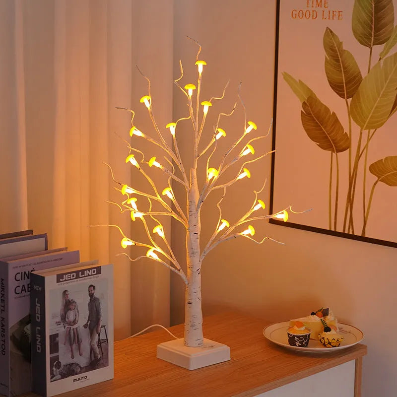 60cm tall mushroom tree lamp with birch trunk and 24 detachable mushroom flowers emitting warm white light