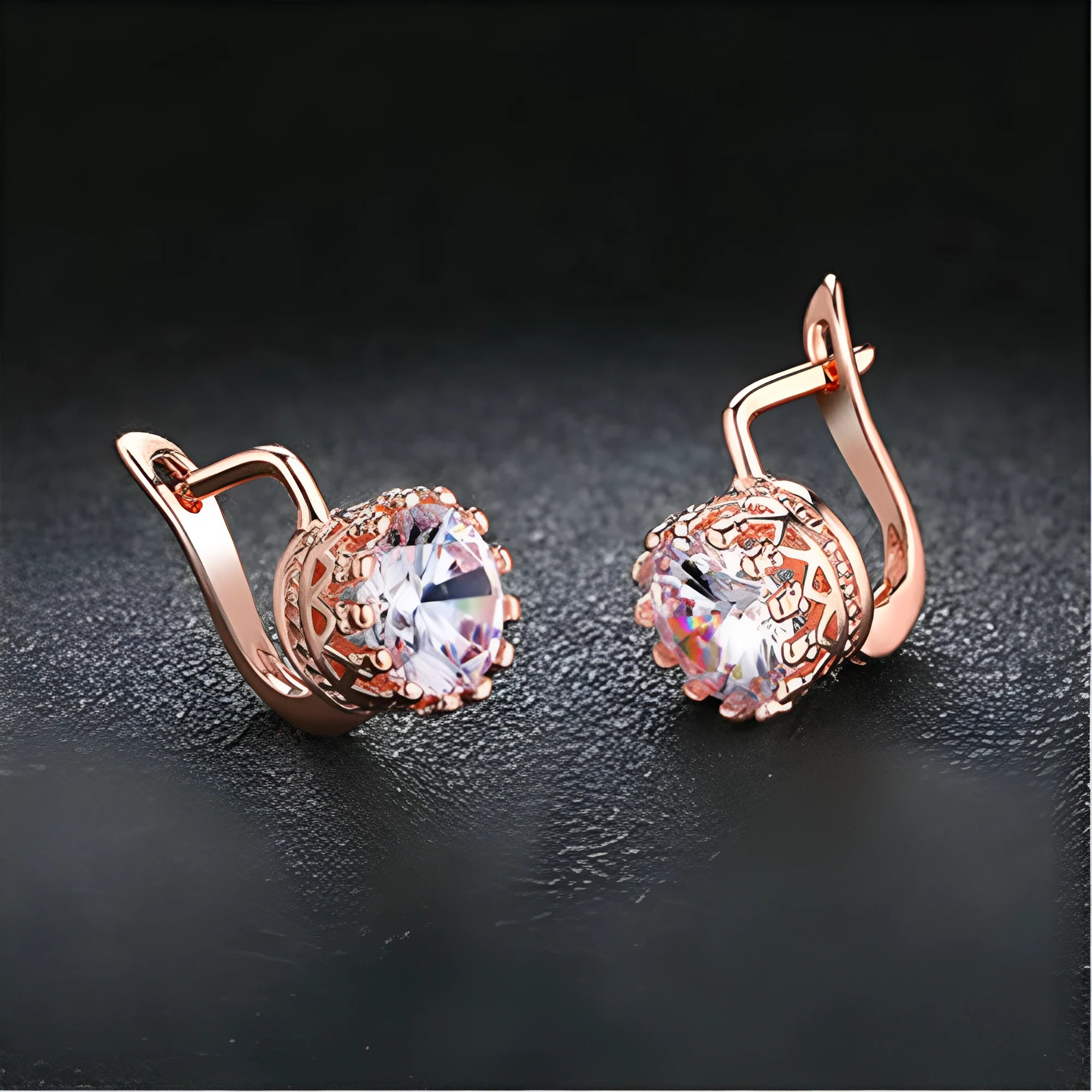 Korean retro crown earrings clip-on in rose gold and white gold colour finishes