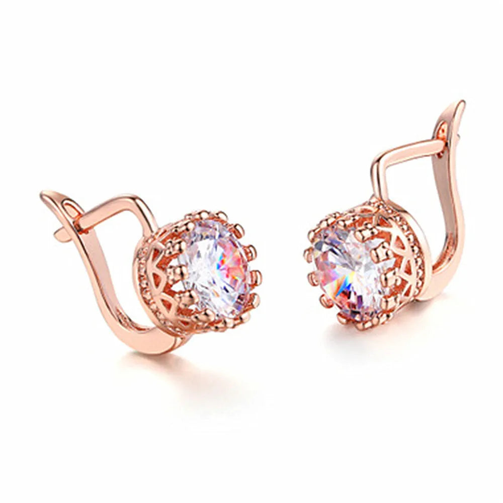 Korean retro crown earrings clip-on in rose gold and white gold colour finishes