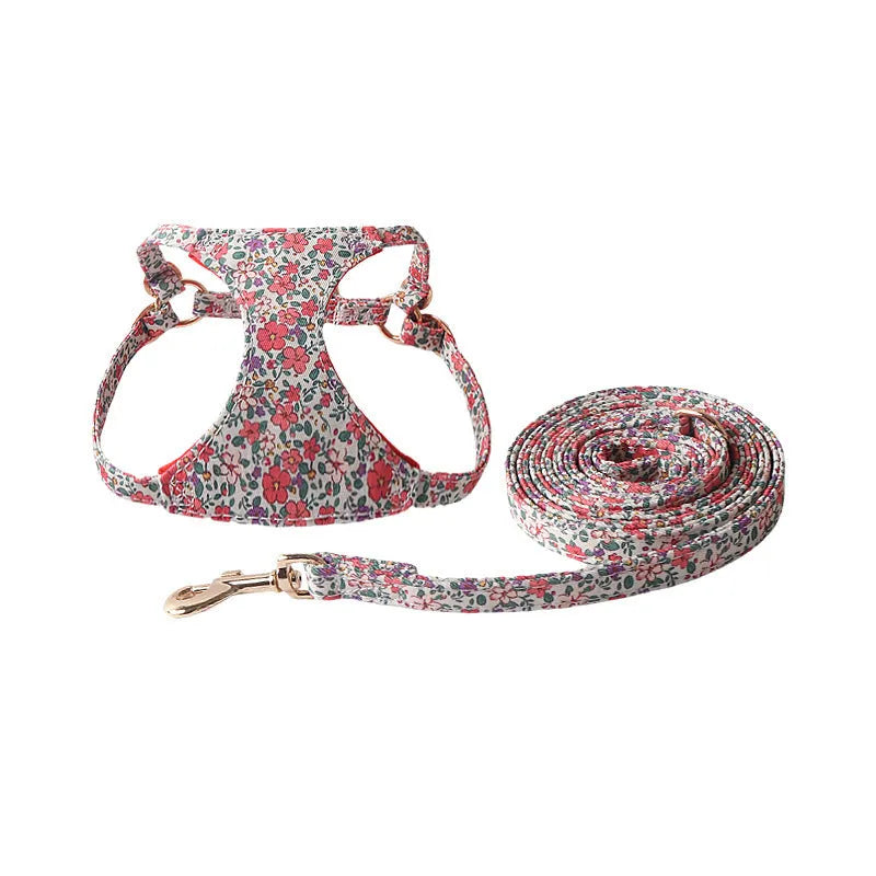 Floral series pet harness suit and leash set in cloth material with multiple colour options
