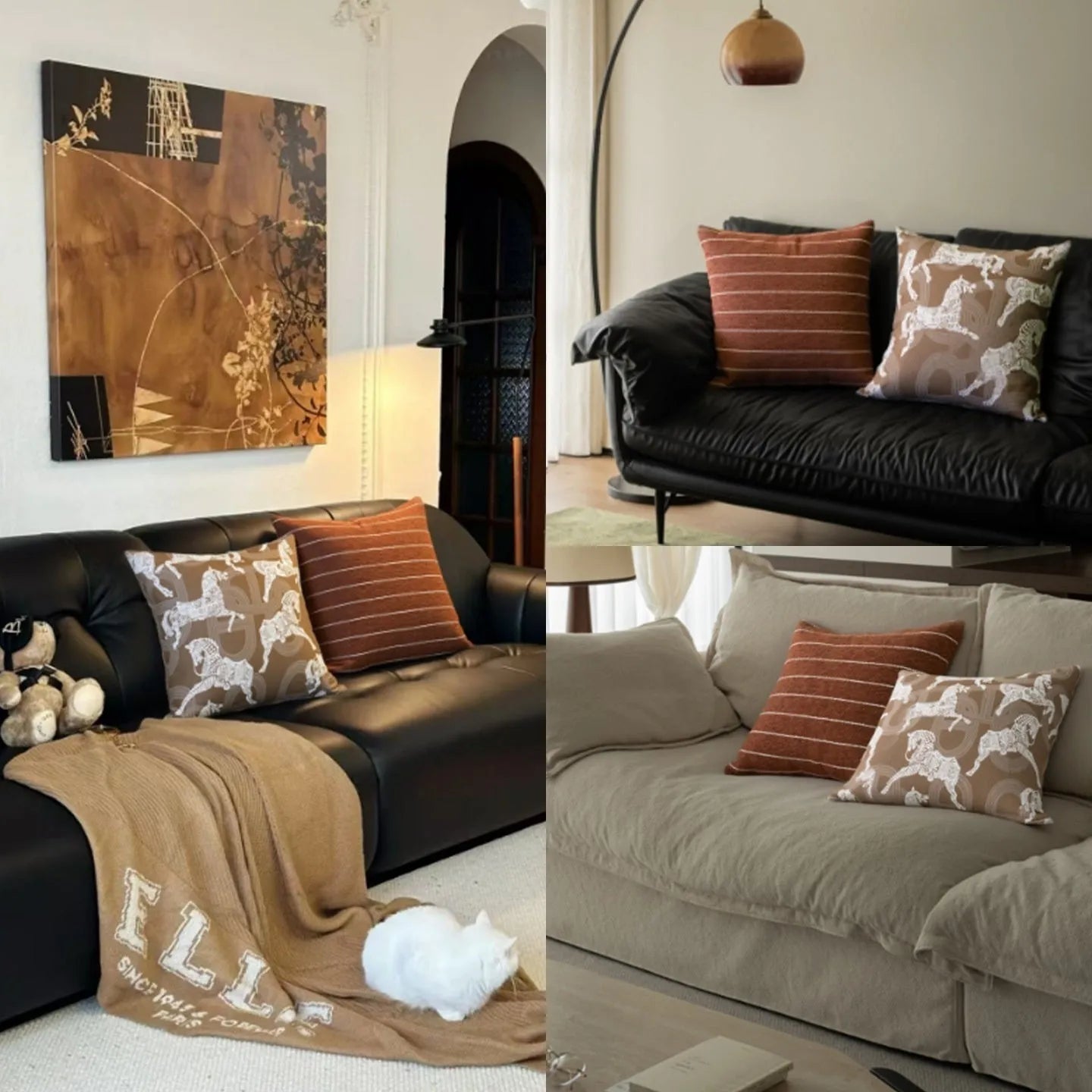 Chinese style geometric pattern feather velvet sofa pillow in Maillard colours, 45cm square.