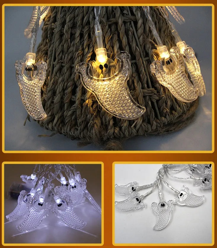 Halloween LED string lights with bat, pumpkin, ghost and spider pendants on a 1.2 metre battery-powered string