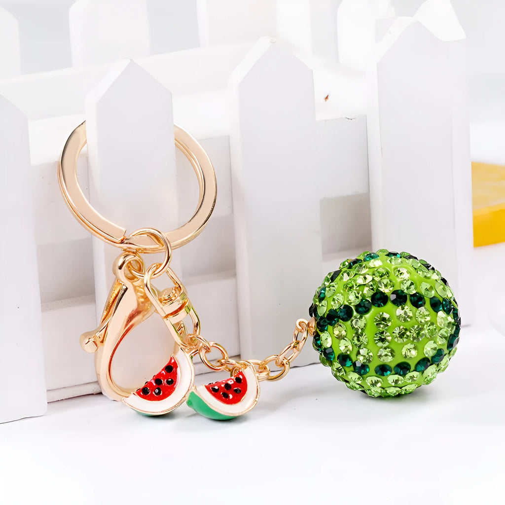 Green watermelon-shaped zinc alloy keychain measuring 12cm with metal construction