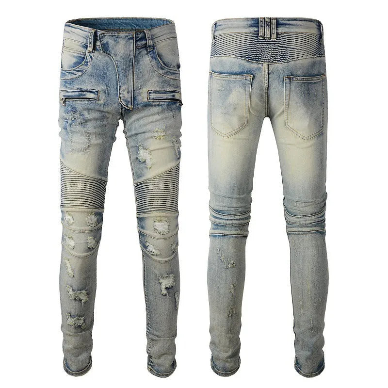 Light blue men's jeans with hand-frayed distressing, slim stretch fit, and straight leg opening