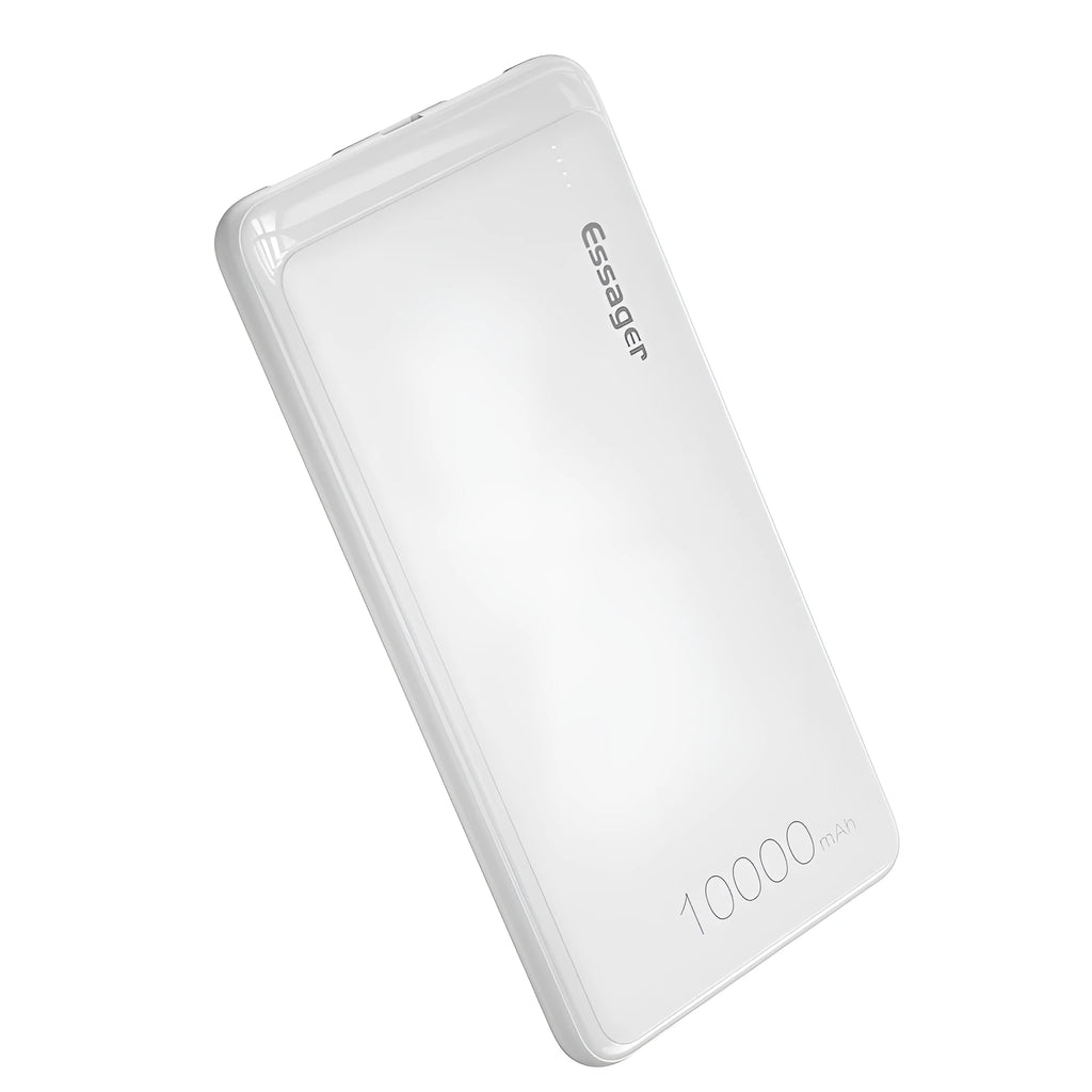Essager Small Jane 10000mAh portable power bank in black or white showing dual USB ports and LED indicators