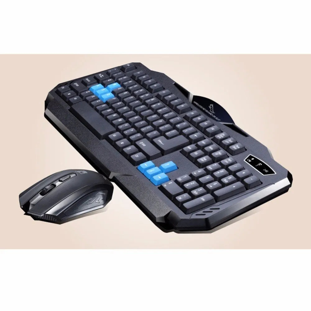 Wireless black keyboard and mouse combo with 2.4G USB receiver on desk