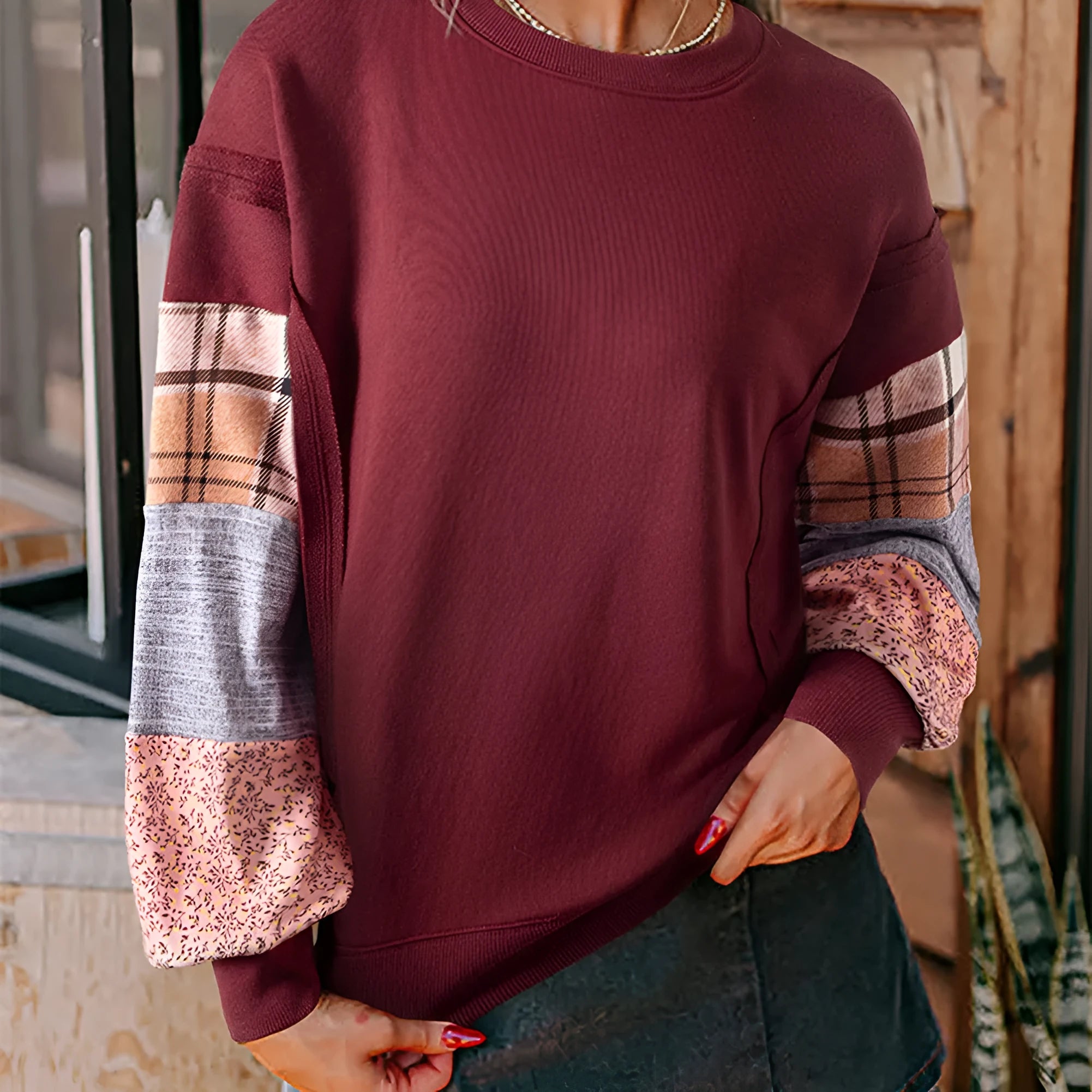 Women's plaid stitching long-sleeved top in loose Japanese Korean casual style, apricot colour option