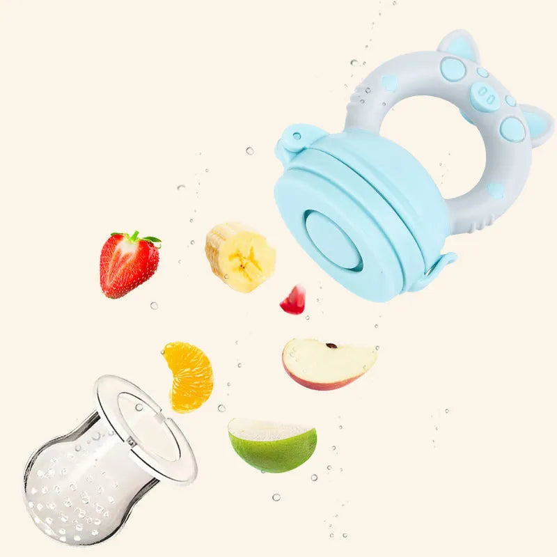 Soft silicone baby teether in blue colour with textured mouthpiece for chewing