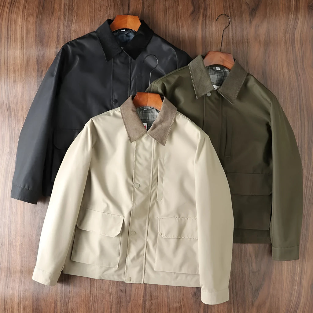 Men's casual short jacket in British style, cotton fabric, hooded, drawstring sleeves, black colour