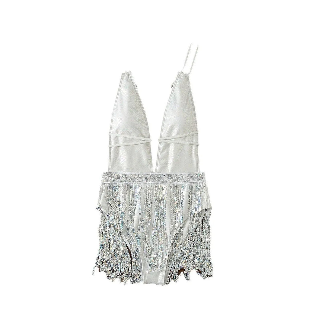 White deep V neck tassel dress one-piece swimsuit with sleeveless design