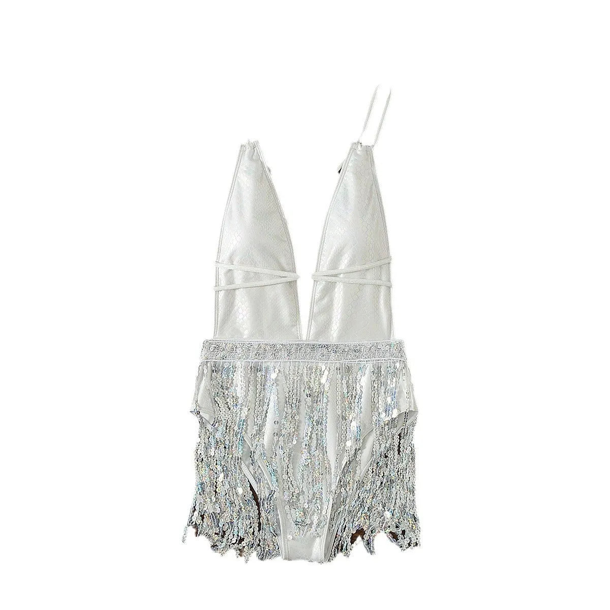 White deep V neck tassel dress one-piece swimsuit with sleeveless design