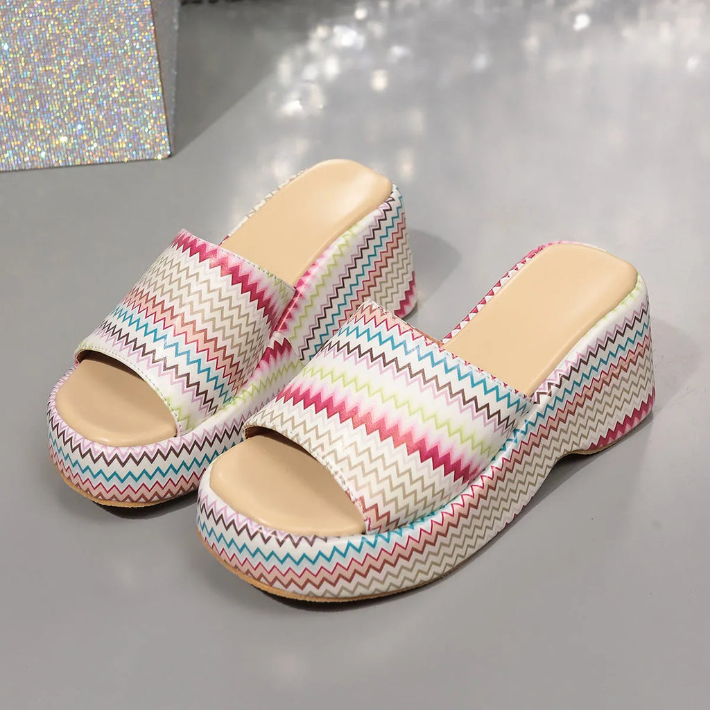 Women's colourful wave print wedges sandals with fish mouth toe and thick rubber sole