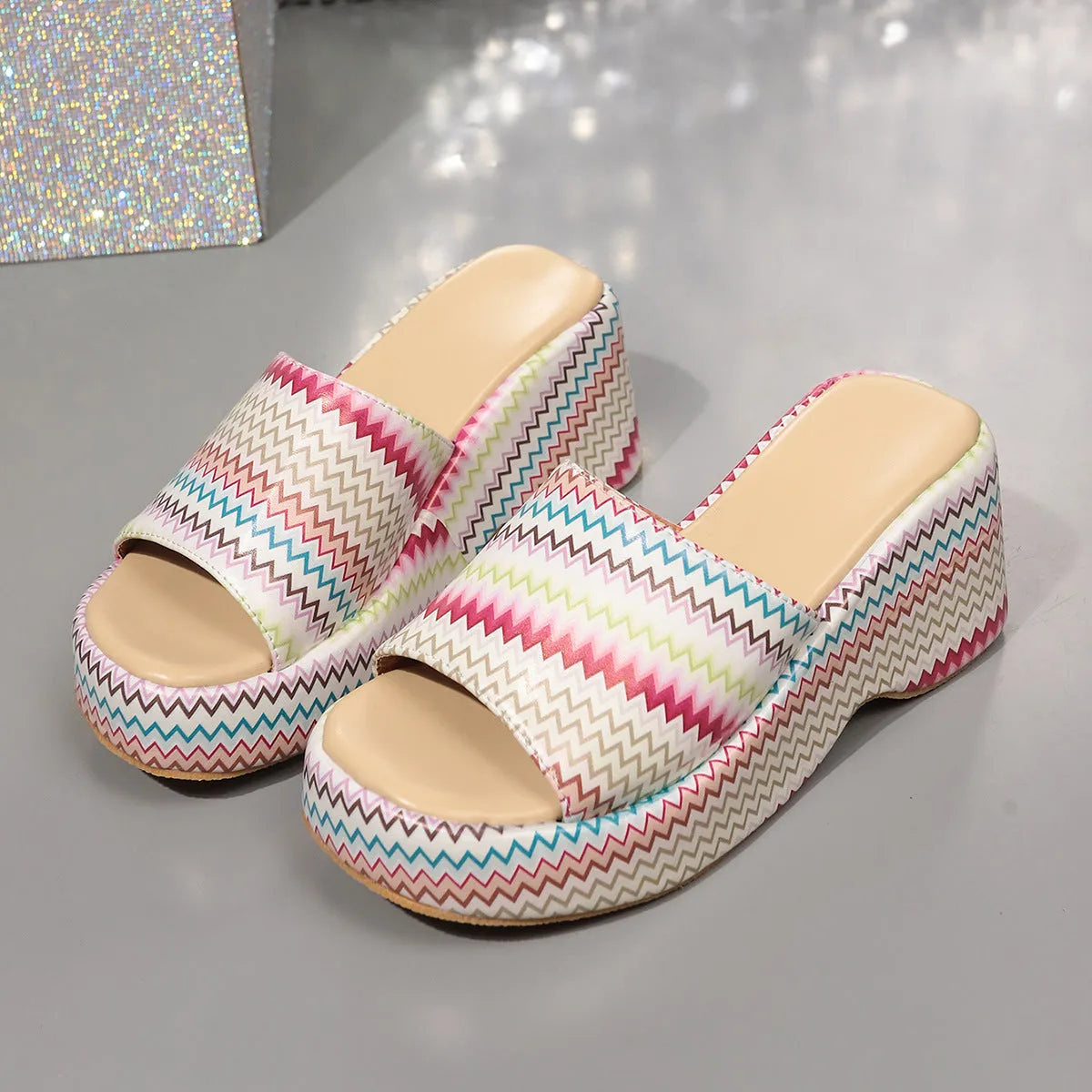 Women's colourful wave print wedges sandals with fish mouth toe and thick rubber sole