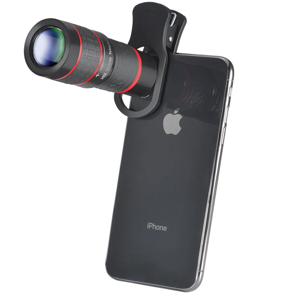 20x mobile phone telescope lens with plastic body, universal mounting clip, and single eye mask accessory