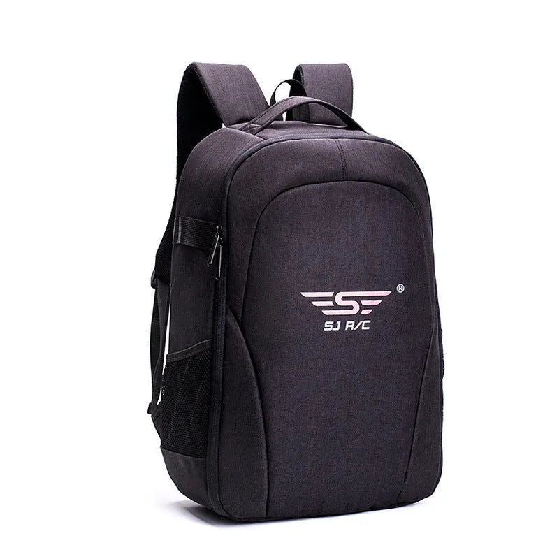 Black Oxford cloth drone backpack with multiple compartments for camera and equipment storage
