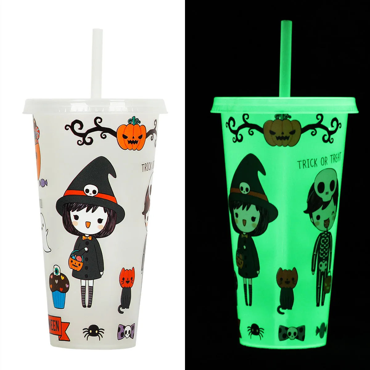 Halloween-themed luminous plastic straw cup with 720ml capacity in assorted colours.