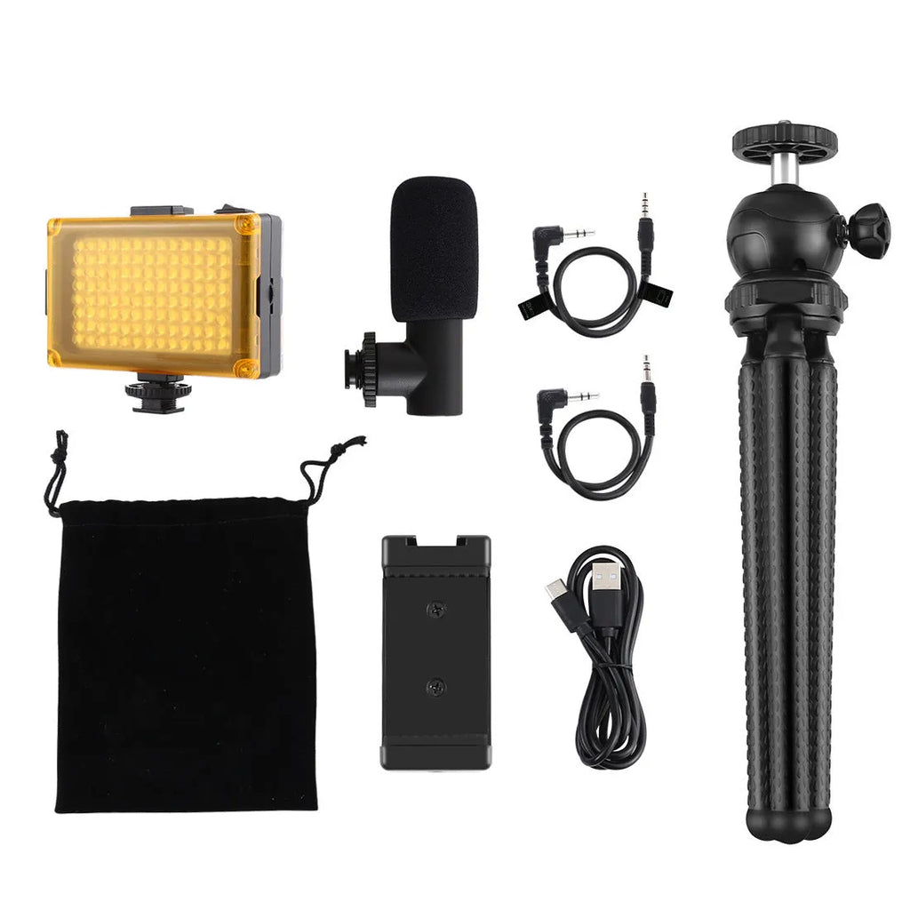 Black octopus tripod live broadcast kit with flexible legs, fill light, and microphone for iPhone.