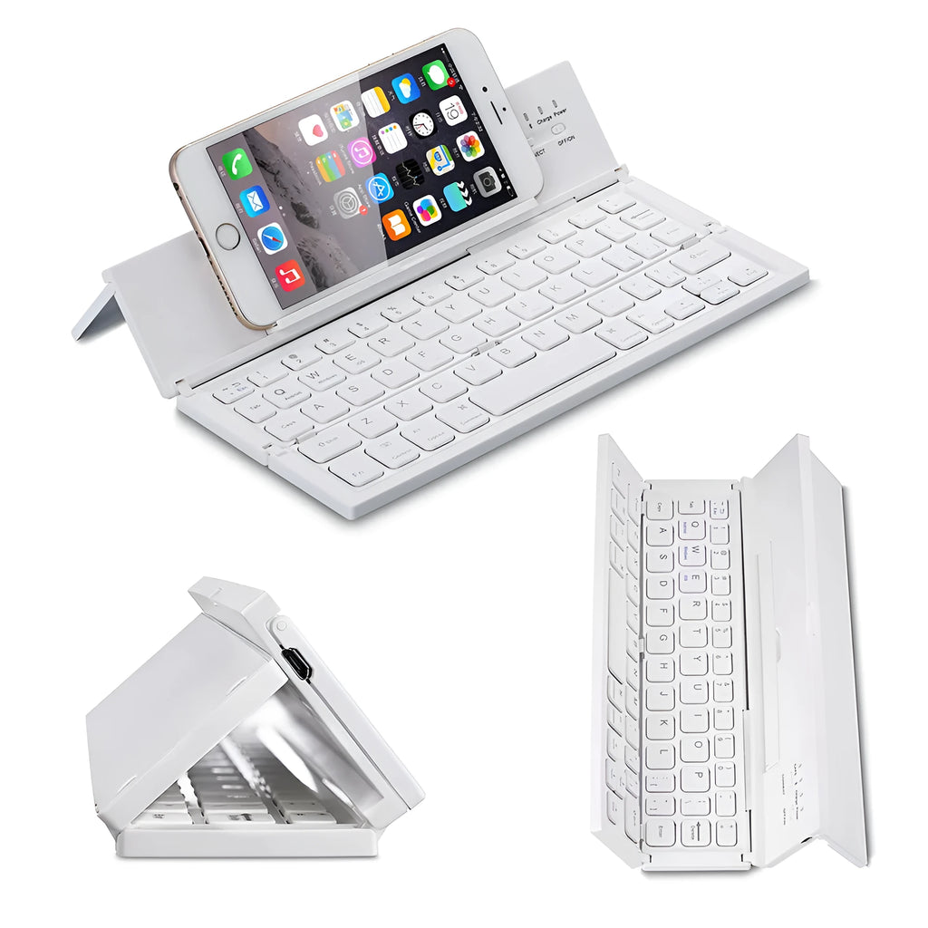 Black mini folding Bluetooth keyboard shown open next to a tablet, displaying its compact 5.8-inch size and aluminium bottom.