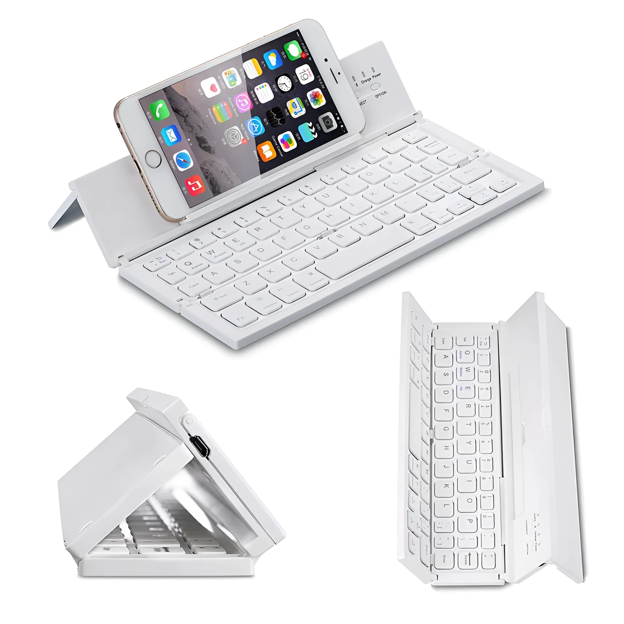 Black mini folding Bluetooth keyboard shown open next to a tablet, displaying its compact 5.8-inch size and aluminium bottom.