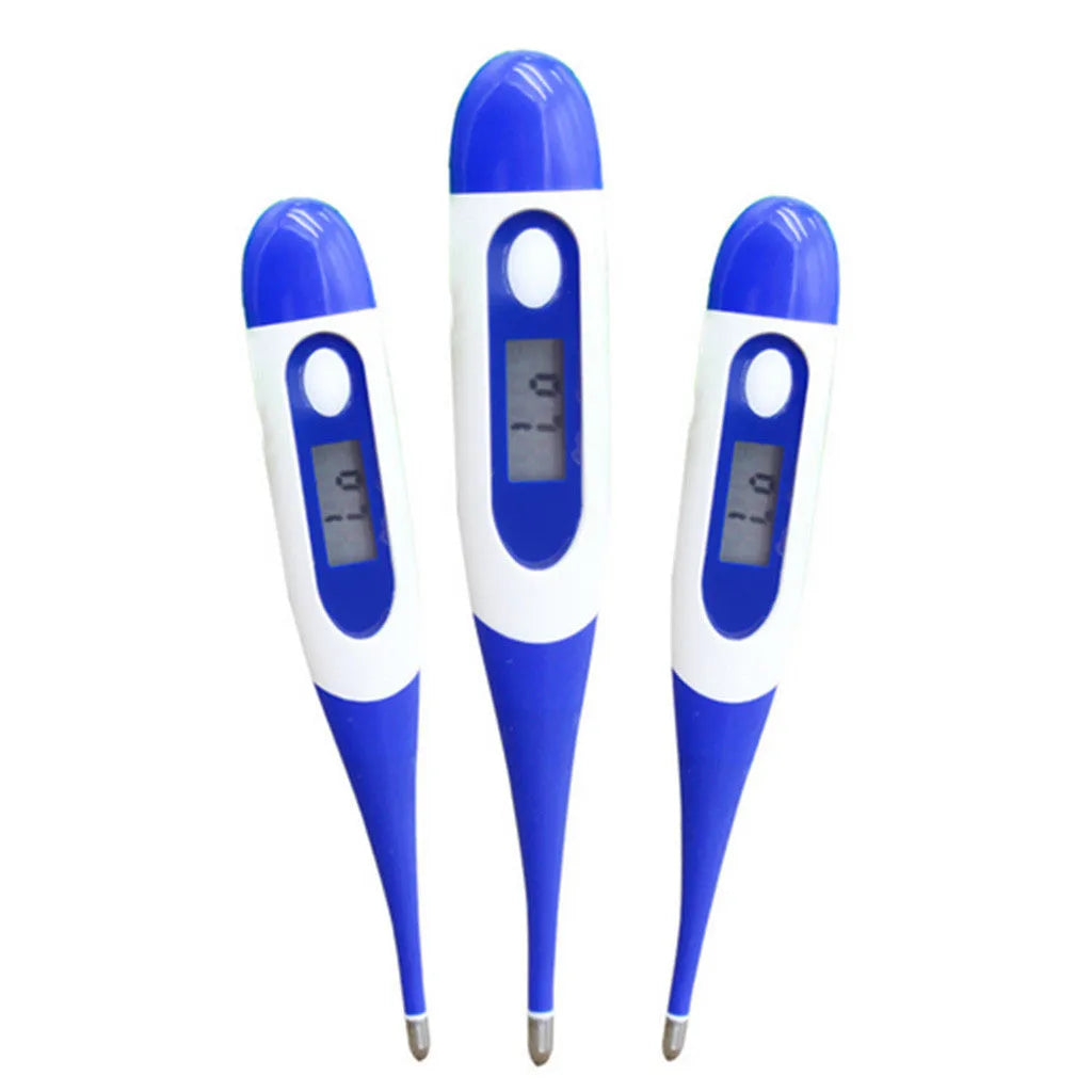 Blue digital electronic waterproof thermometer with LCD display, made from plastic and silicone