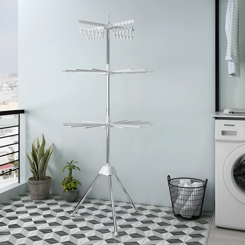Mobile stainless steel three-layer drying rack with plastic clips for socks ties pants