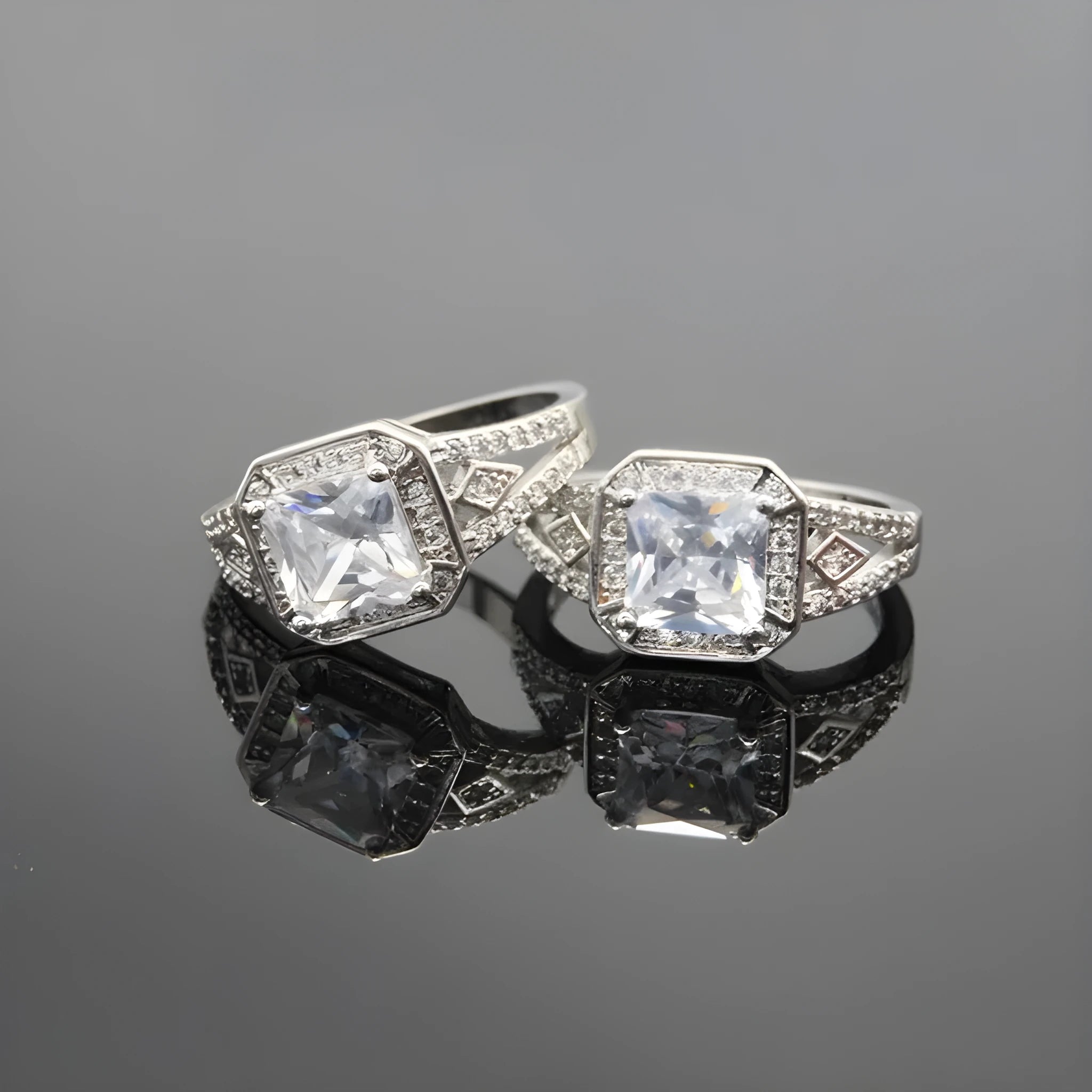 Geometric hollow zircon ring in platinum finish, quadrilateral design, women's jewellery